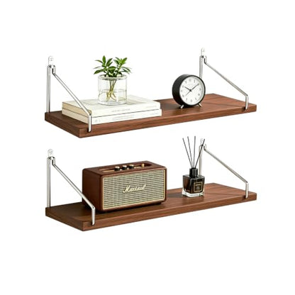 Walnut Floating Wall Shelves Set of 2 - 23.6 Inch Wall Mounted Storage