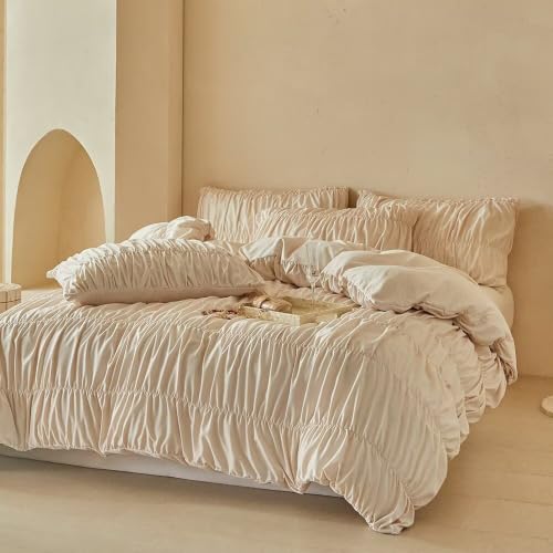 Full Size Khaki Gathered Ruffled Bedding Set Duvet Cover for Teen - Elegant Farmhouse Style