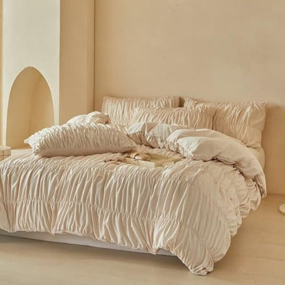 Full Size Khaki Gathered Ruffled Bedding Set Duvet Cover for Teen - Elegant Farmhouse Style