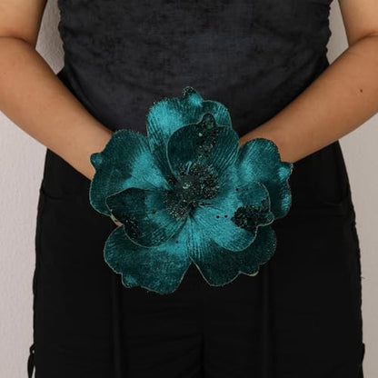 Large Glitter Christmas Magnolia Flowers Set - Blackish Green, 10 Inch