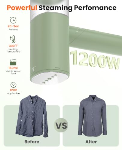 Green Handheld Travel Steamer for Clothes 1200W Foldable Garment Wrinkle Remover