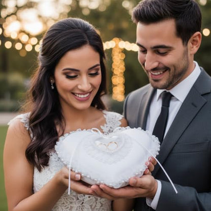 Heart Shaped Wedding Ring Bearer Pillow with Pearl Lace Decoration