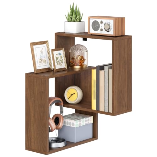 Wall-Mounted Corner Floating Shelves 4-Tier for Wall, Walnut Finish