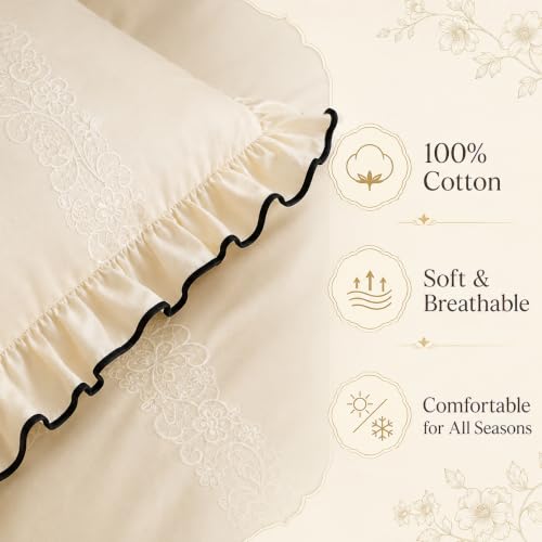 King Size Ruffle Cotton Duvet Cover Set with Pillow Shams & Fitted Sheet - Farmhouse Ivory White Bedding