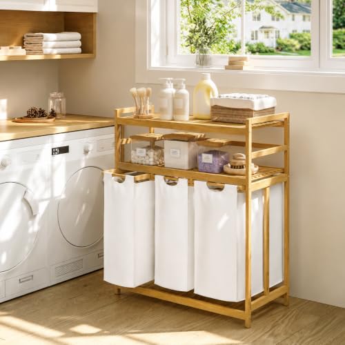 Beige Bamboo Laundry Hamper with 2-Tier Shelf and Removable Bags - 150L Capacity