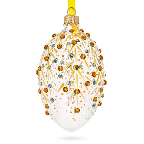Hand-Painted Ukrainian Glass Christmas Ornament - Gold Branches Egg, 4 Inches