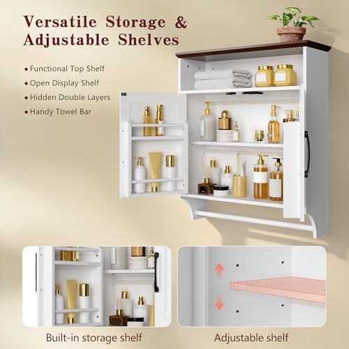White Farmhouse Bathroom Wall Cabinet with Motion Sensor LED Light & Towel Bar