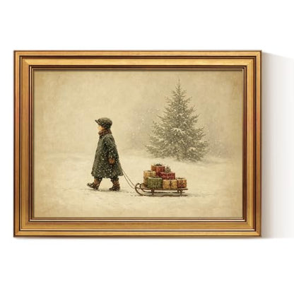 Christmas Wall Art - Vintage Winter Scene with Gold Frame, 12x16 Inch - Gift Sleigh Journey