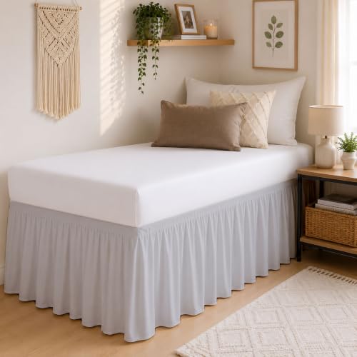 Queen Bed Skirt 60x80 Inches Light Grey Ruffled Wrap-Around Microfiber Dorm Room