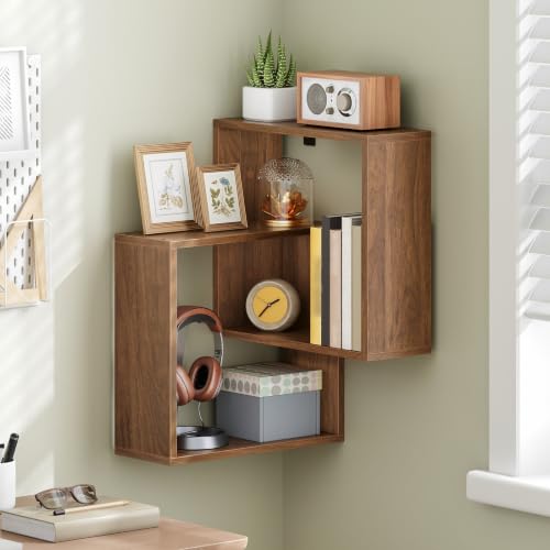 Wall-Mounted Corner Floating Shelves 4-Tier for Wall, Walnut Finish