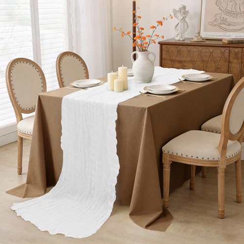 White Cheesecloth Table Runner 35x120 Inches - Gauze Wrinkle Design, 1 Pack - Bohemian Style, Casual Decor