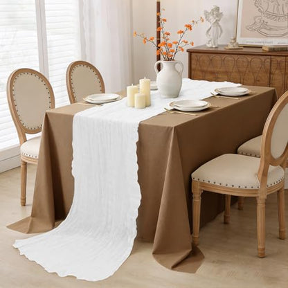 White Cheesecloth Table Runner 35x120 Inches - Gauze Wrinkle Design, 1 Pack - Bohemian Style, Casual Decor