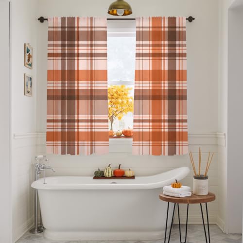 Semi Sheer Curtains 52 x 63 Inches Set with Orange, Brown, Cream Checks - Window Drapes for Living Room Bedroom