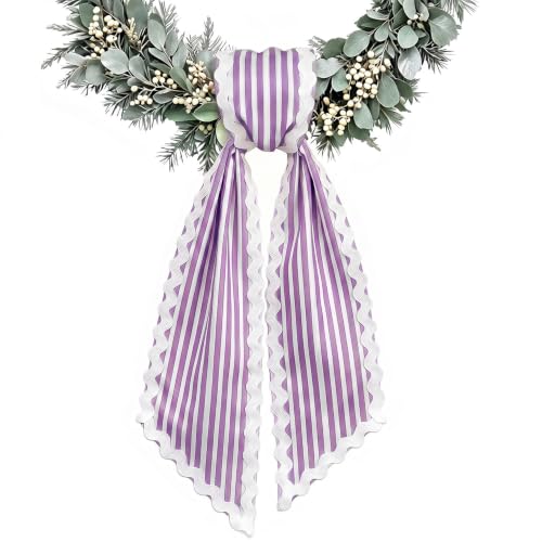 Christmas Wreath Sash Purple White Candy Cane Stripes Scalloped Ribbon