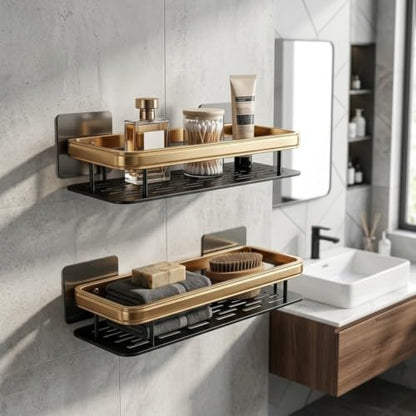 Black Gold Bathroom Shelf 30cm No Drill Wall Mount Corner Storage