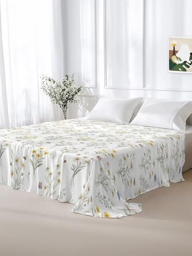 King Size Flat Sheet - Green, Yellow, White Microfiber Bed Sheets, 105x98