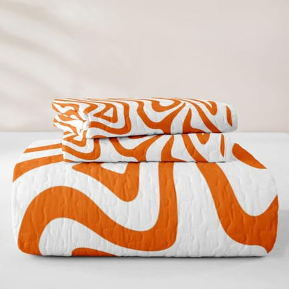 Orange White Twin Geometric Quilt Set with Pillowcase - Modern Wave Lines Bedspread