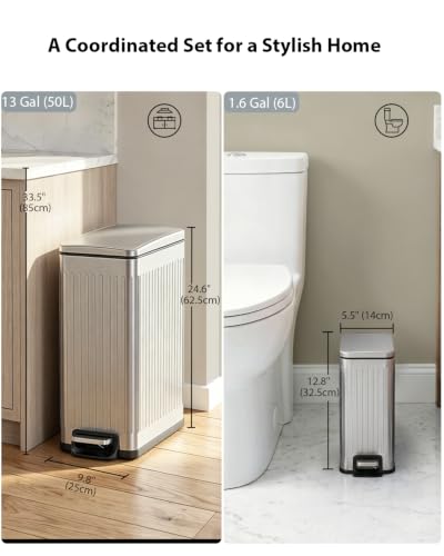 Silver 13-Gallon Kitchen Trash Can with Lid & 2 Pack 1.6-Gallon Bathroom Bins