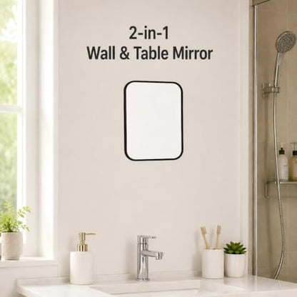 8 Inch Desktop Makeup Mirror with 90° Adjustable Stand and Wall Mount, Portable Black Vanity Mirror