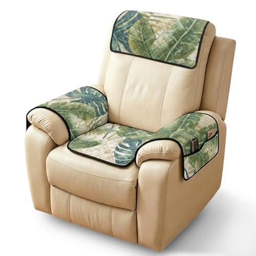 Tropical Leaf Quilted Recliner Chair Protector Cover - Full 4-Piece Set, Waterproof & Non-Slip