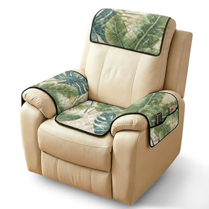 Tropical Leaf Quilted Recliner Chair Protector Cover - Full 4-Piece Set, Waterproof & Non-Slip