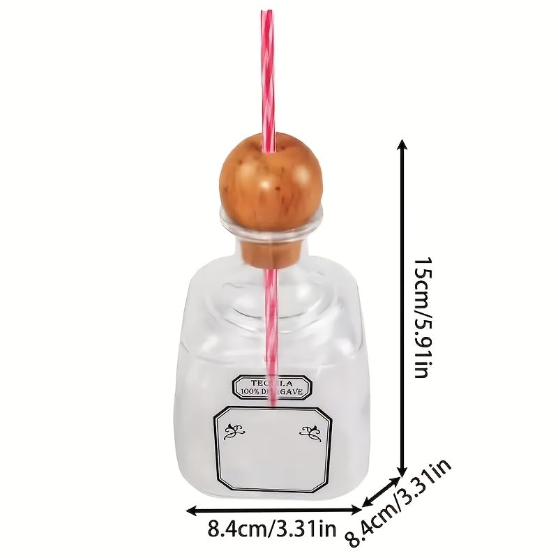 4 Pieces Transparent Plastic Wine Bottles with Cup Handle & Straw Set