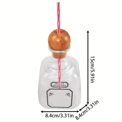 4 Pieces Transparent Plastic Wine Bottles with Cup Handle & Straw Set