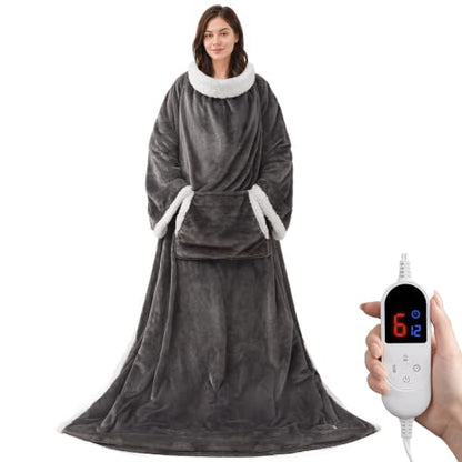 Wearable Heated Blanket with Foot Pocket & Sleeves - Grey, Long