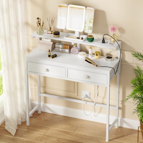 Small Vanity Desk with Rotating Mirror & Power Outlets – 2 Drawers, 31.5"