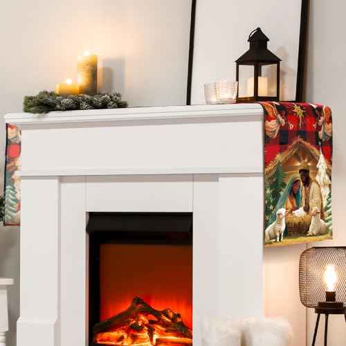 African American Religious Christmas Table Runner Buffalo Plaid Black Jesus Nativity Scene Table Runner for Home Decoration Xmas Winter Holiday Kitchen Decor (13" x 72")