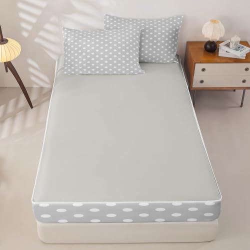 Kids Full Size Polka Dot Bedding Set with Zipper Comforter & Fitted Sheet - Grey White Cartoon