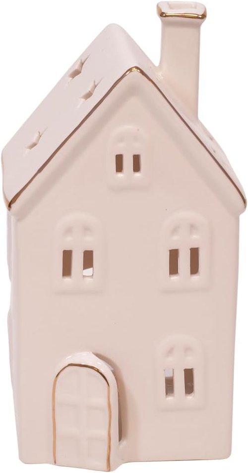 Mark Feldstein & Associates Holiday Tea Light Village House Figurines - White Glazed Porcelain, Set of 3, 8 Inch