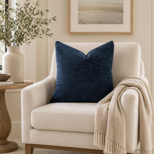 Chenille Decorative Throw Pillow Covers 18x18 Inch Navy Blue Pack of 2 - Soft Velvety Fabric
