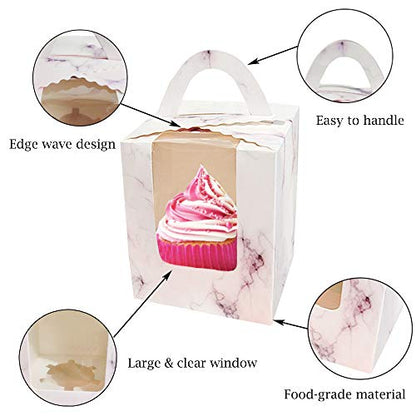 30 Pcs Cupcake Boxes Individual Kraft Paper Single Cupcakes Containers with Window Insert and Handle for Wedding Birthday Party Favor Packaging