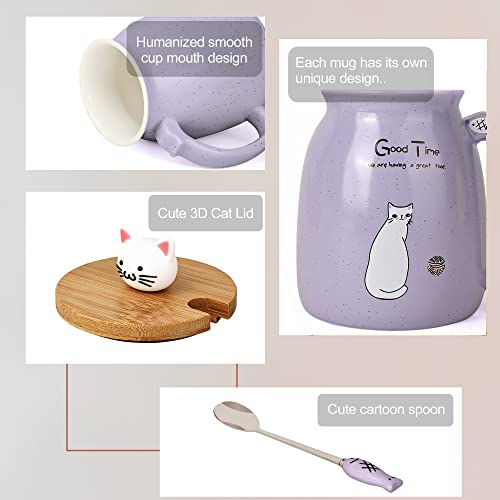 Cute Cat Mug Set of 4 with Lid & Fish Spoon - 15oz Kitchen Decor Gift