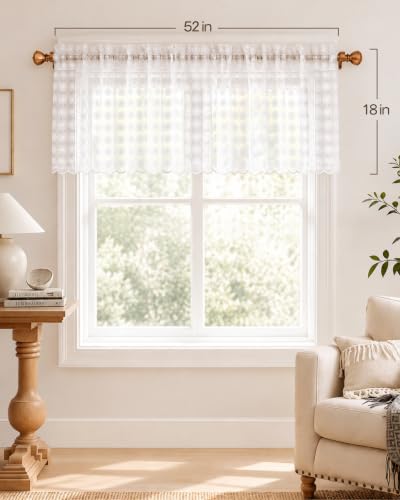 White Gingham Floral Lace Sheer Valance for Windows 52x18 - Light Filtering