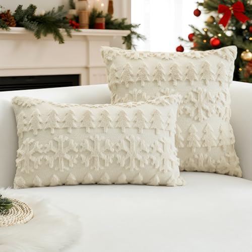 Artscope Snowflakes Christmas Pillow Covers 18x18 Set of 2 - Beige Snowflake Tree Variation