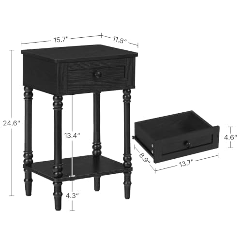Nightstand with Drawer – Wooden Leg Bedside Table with Lower Shelf