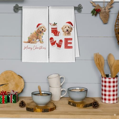 Goldendoodle Christmas Kitchen Towels - Holiday Dog Lover Hand Towels, 16x24 Inch Set of 2