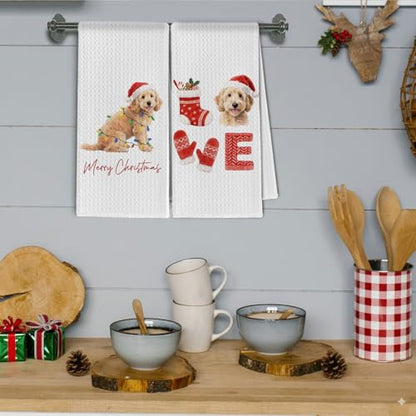Goldendoodle Christmas Kitchen Towels - Holiday Dog Lover Hand Towels, 16x24 Inch Set of 2