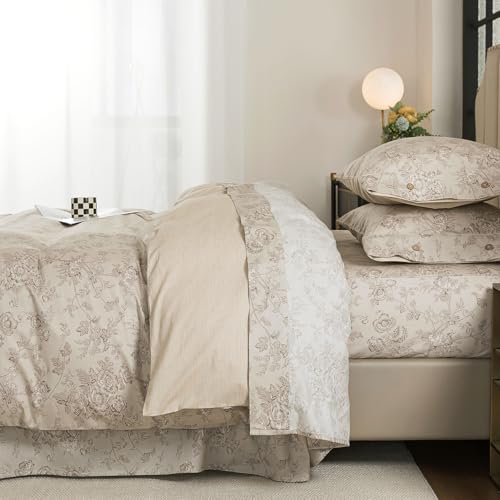 FADFAY Full Size Taupe Mocha Floral Duvet Cover Set – 3-Piece Cotton Bedding
