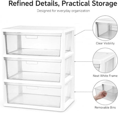 White 3 Drawer Plastic Storage Tower Wide Closet Organizer - Kids Safe