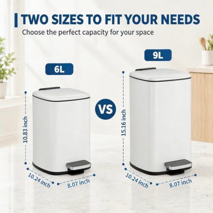 Garvee White Bathroom Trash Can with Lid 2.4 Gallon Slim Waste Bin