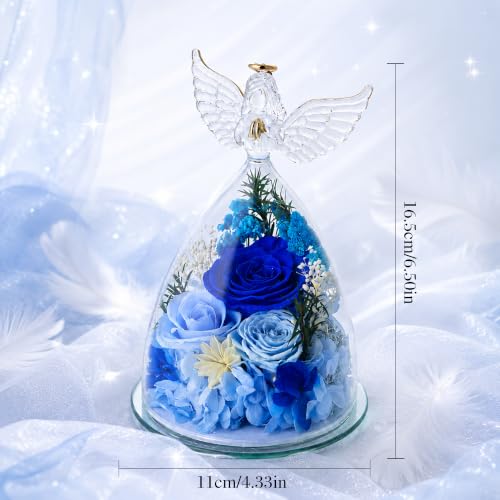 Blue Preserved Rose in Angel Glass Dome with LED Light - Gift for Mom