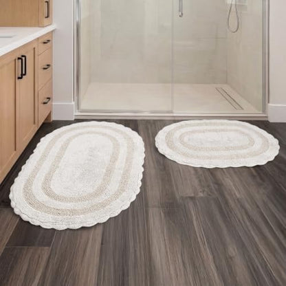 Ivory Reversible Bathroom Rug Set - 2-Piece Cotton Bath Mats, 32x20 & 24x17 Inches