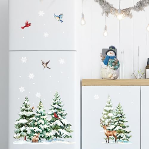 Winter Forest Animals Window Clings - Snowy Pine Trees & Birds Decor