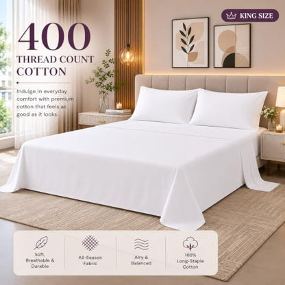 Cotton King Bed Sheet Set 400 Thread Count Sateen Deep Pocket White