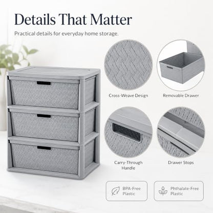 Gray 3 Drawer Plastic Storage Organizer Tower - No Tools Assembly
