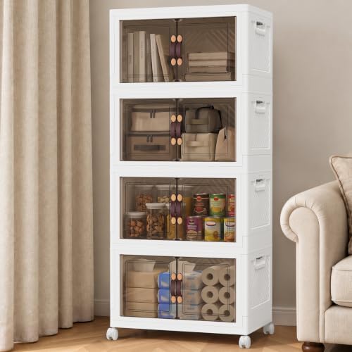 4-Tier Stackable Storage Bins with Lids and Wheels - 53QT White