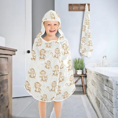 Kids Hooded Beach Towel with Monkey Cartoon Design for Boys Girls 50x23.5in